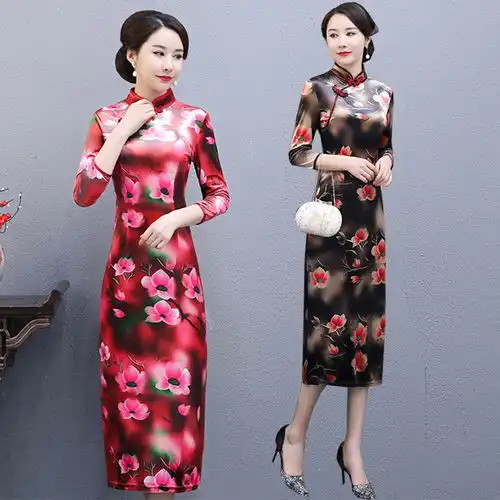  2020新款旗袍女连衣裙妈妈改良礼服军阀太太金丝绒长款遮肚旗袍裙