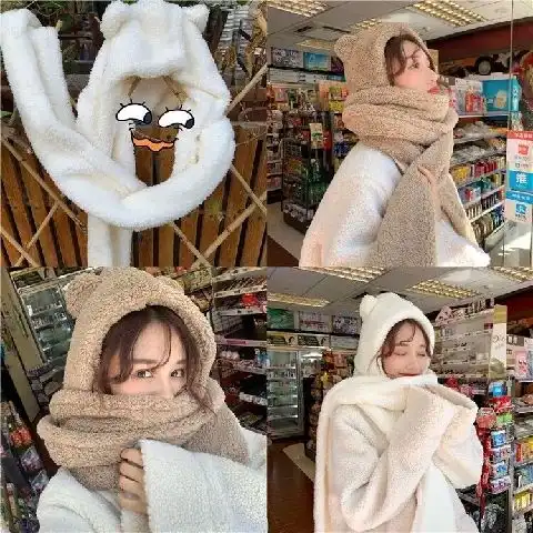  仿羊羔毛加厚可爱小熊耳朵保暖围巾帽子情侣款连帽围脖女冬季韩版