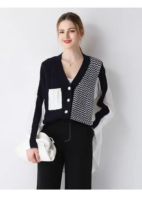  施悦名外搭开衫女中长款针织拼接外套2020秋冬新款欧美风女装a