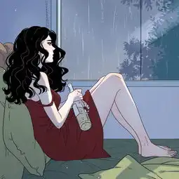  一个黑长发穿着红吊带手拿酒瓶坐着看着窗外下雨是什么动漫