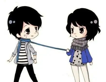  找一张动漫情侣图,是一个女的拉着男的围巾