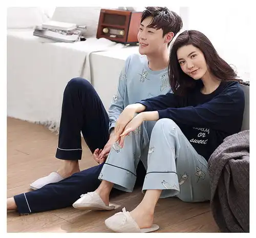  妮狄娅韩版情侣睡衣女秋长袖纯棉时尚可爱阔腿裤日系男家居服套装